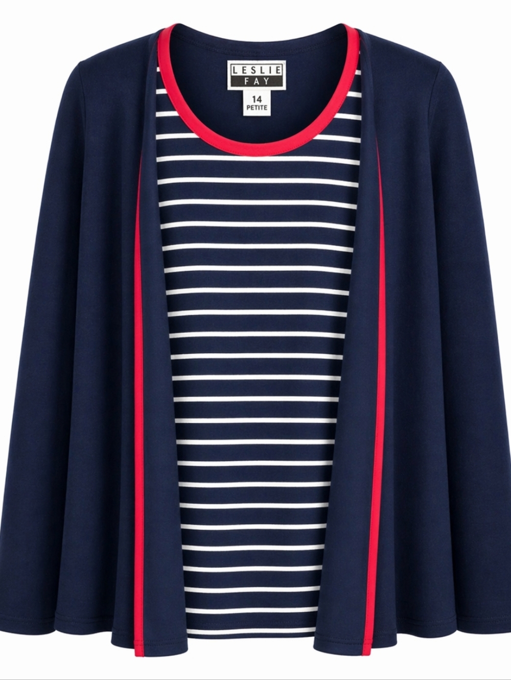 Leslie Fay 2PC Cardigan Set NWT Sz 14P Navy Red Trim Petite Classic Preppy Chic - Picture 2 of 12